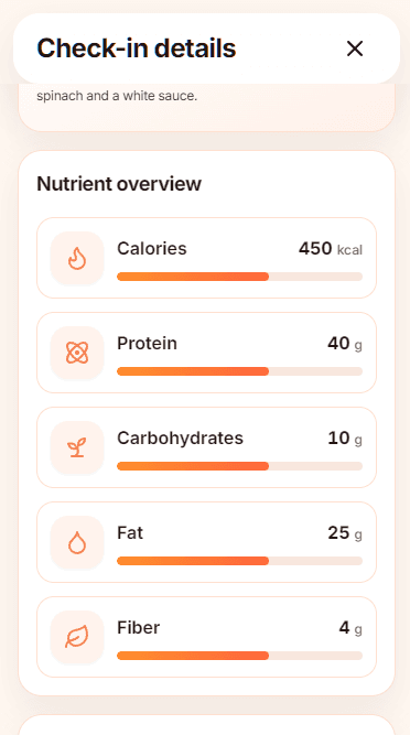 Munchlog check-in nutrient overview screen