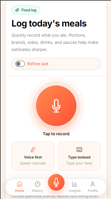 Munchlog voice-first meal logging screen