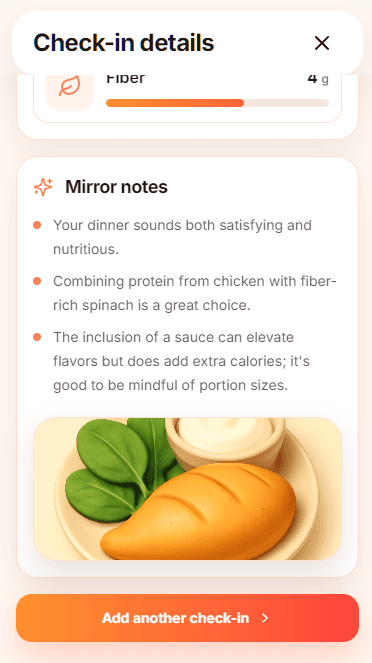 Munchlog mirror notes after a food check-in